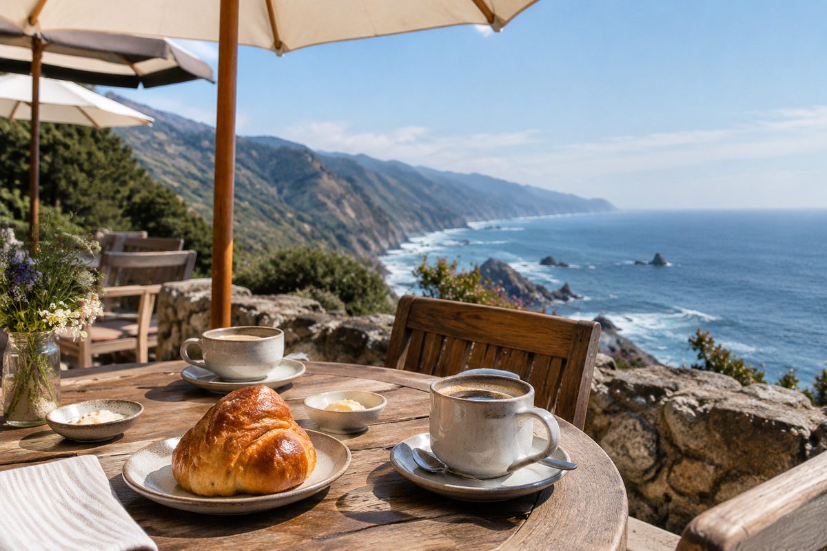 Cafe Kevah patio terrace with morning coffee, baked pastries, and coastal mountain views