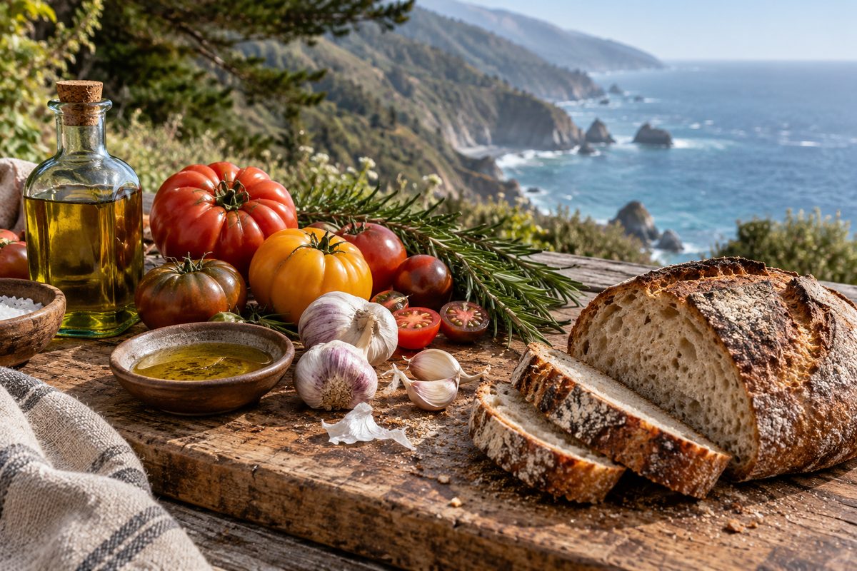 Fresh Central Coast heirloom produce, herbs, and crusty sourdough loaf on a cutting block