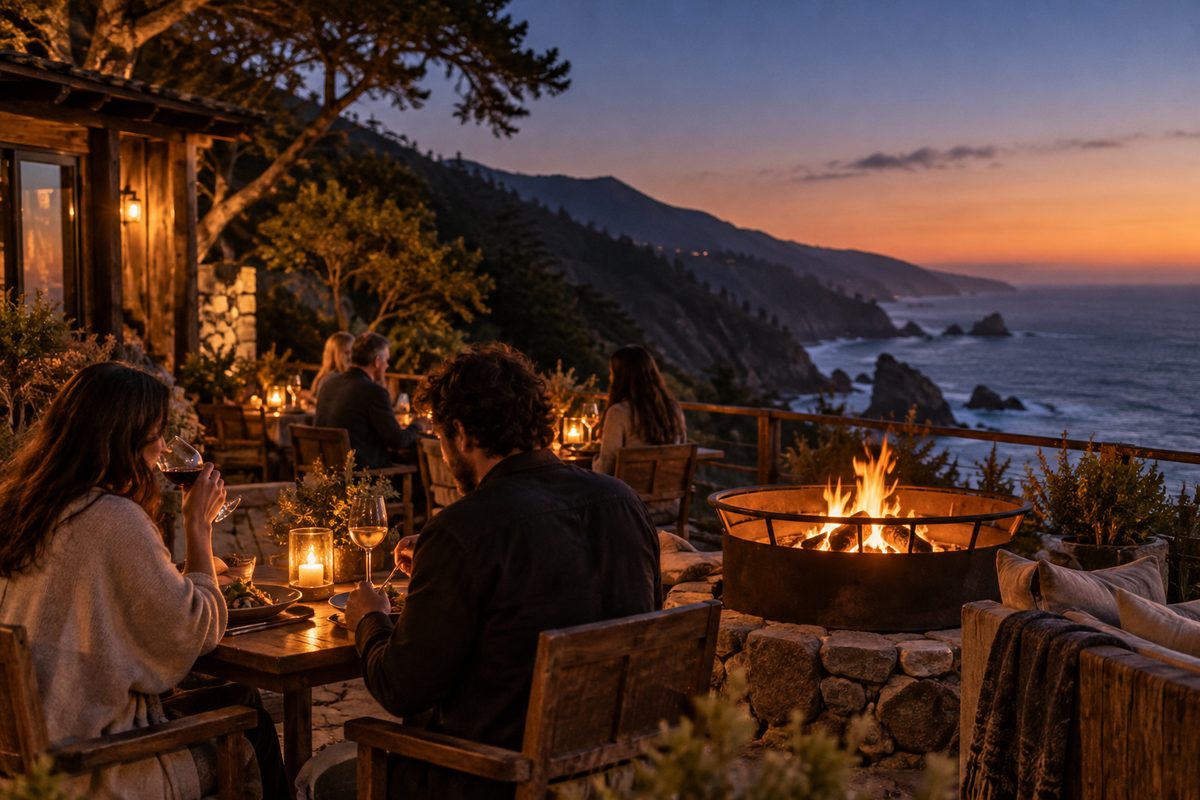 Evening terrace dining with open wood-burning brazier hearth glowing at dusk