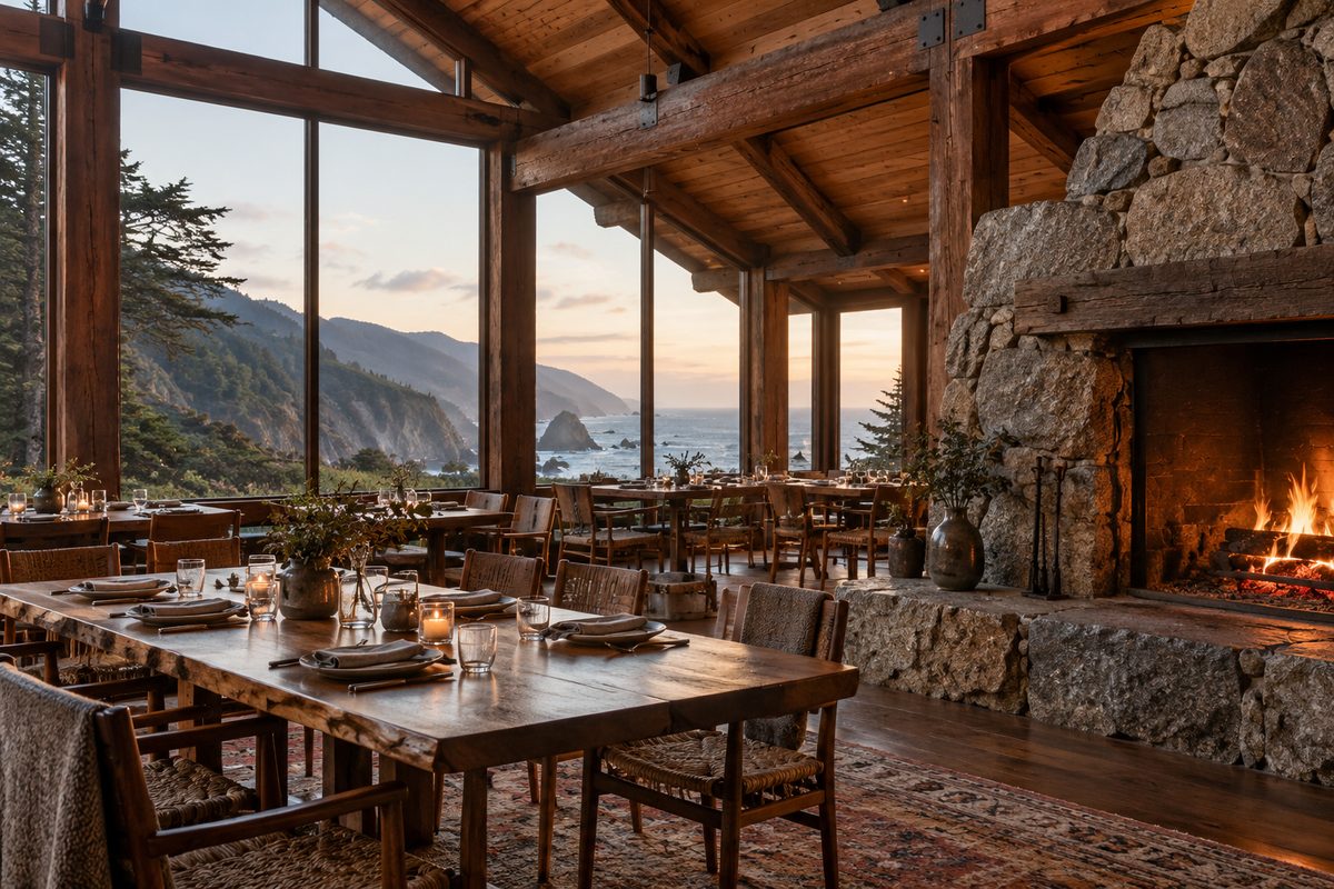 Historic interior dining hall featuring exposed heart-redwood beams and local granite fireplace