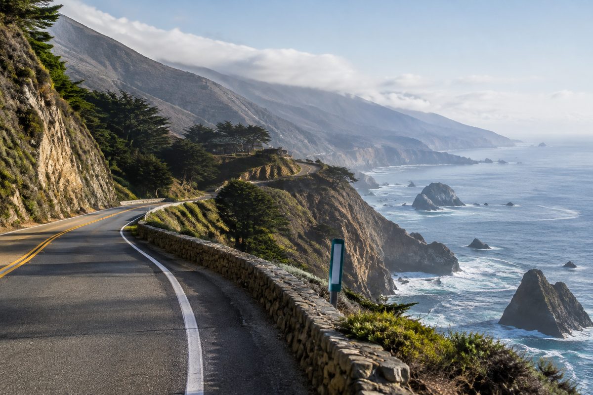 Scenic winding coastal curve along Highway 1 approaching the Nepenthe restaurant entrance in Big Sur