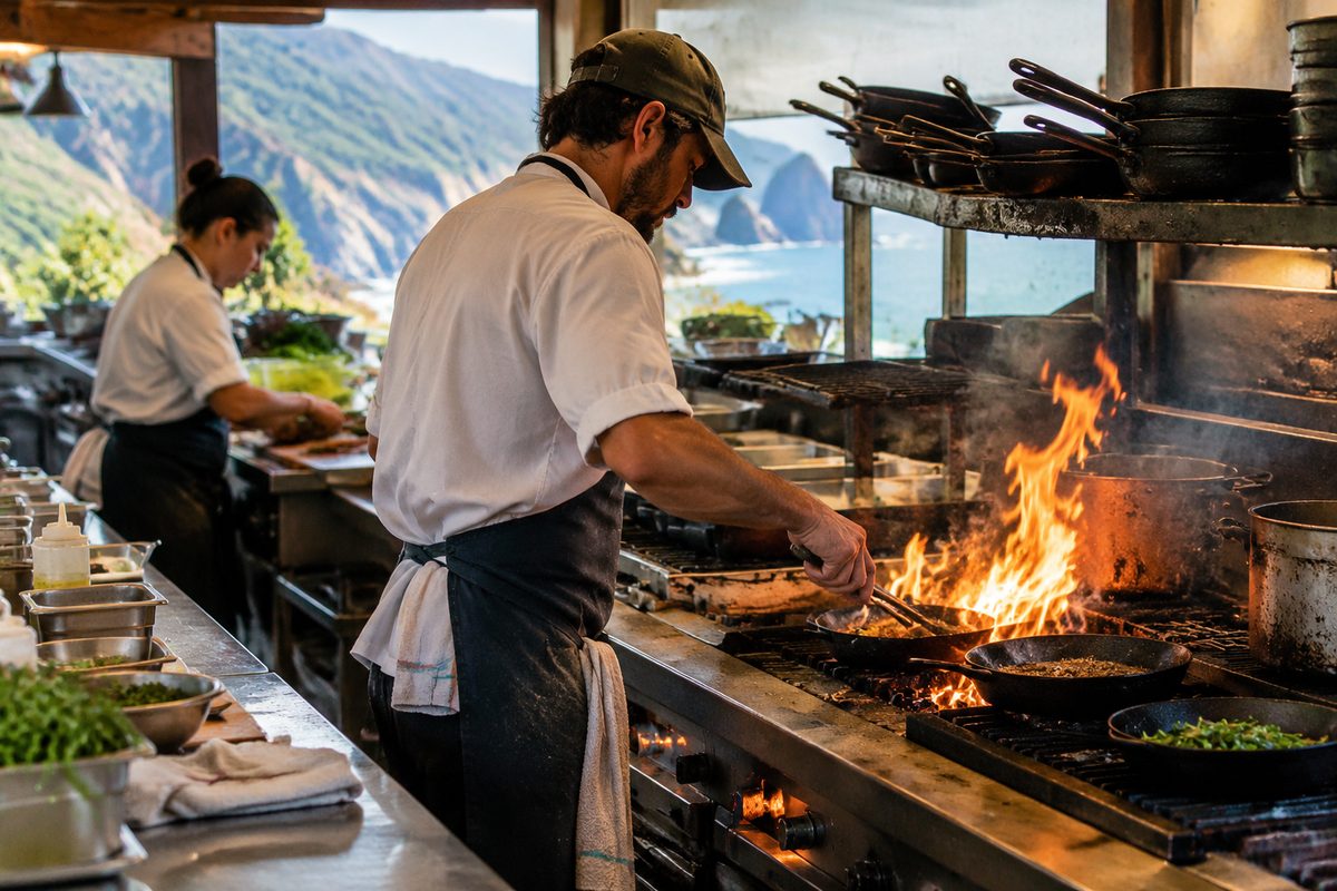 Commercial open-flame kitchen line with cooks preparing dishes over high heat
