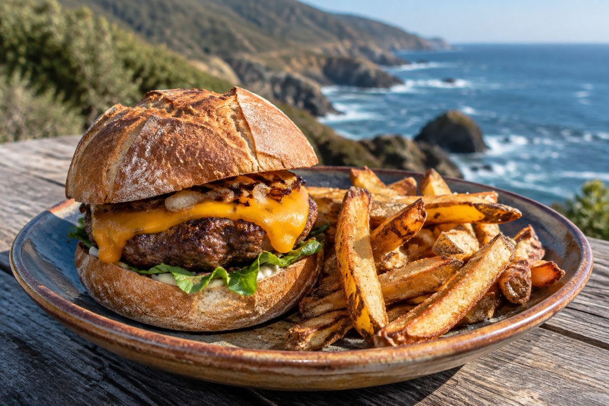 Signature Ambrosi burger on a toasted French roll served with hand-cut fries on an earthenware plate