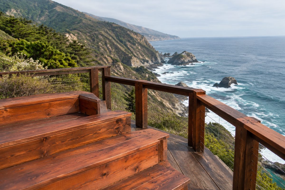 Multi-tiered redwood bleachers and timber railings along the 800-foot cliffside edge