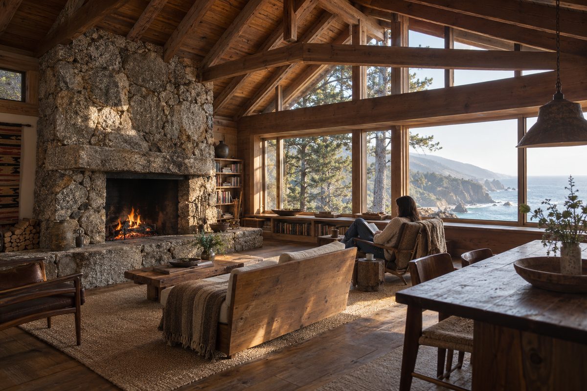 Handcrafted Santa Lucia granite hearth and soaring heart-redwood rafters inside Rowan Maiden Hall